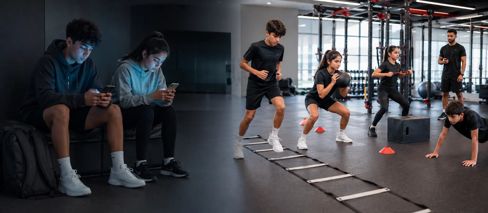 Teenagers comparing passive screen time with active bootcamp training in Dubai.